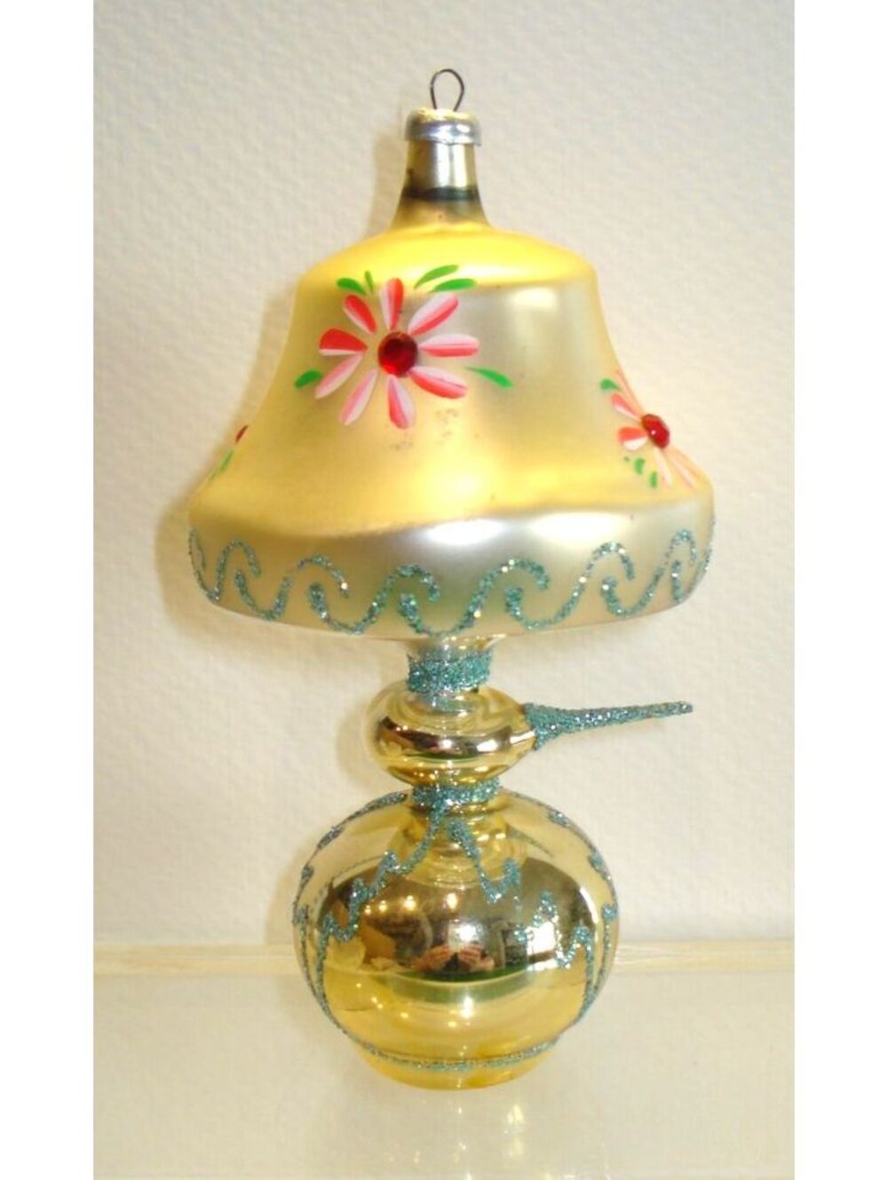 Vintage De Carlini Ivory Blue & silver Glass Lamp Ornament w/ Glitter + Flowers